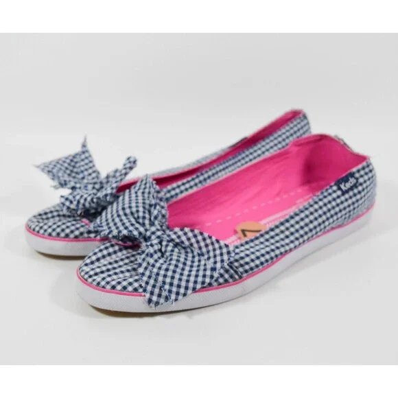 Keds Blue White Gingham Check Bow Slip On Tennis Shoes Sz 7 - Picture 3 of 5
